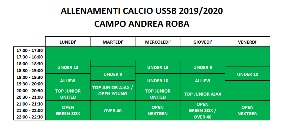 Tabella con gli orari d'allenamento del calcio