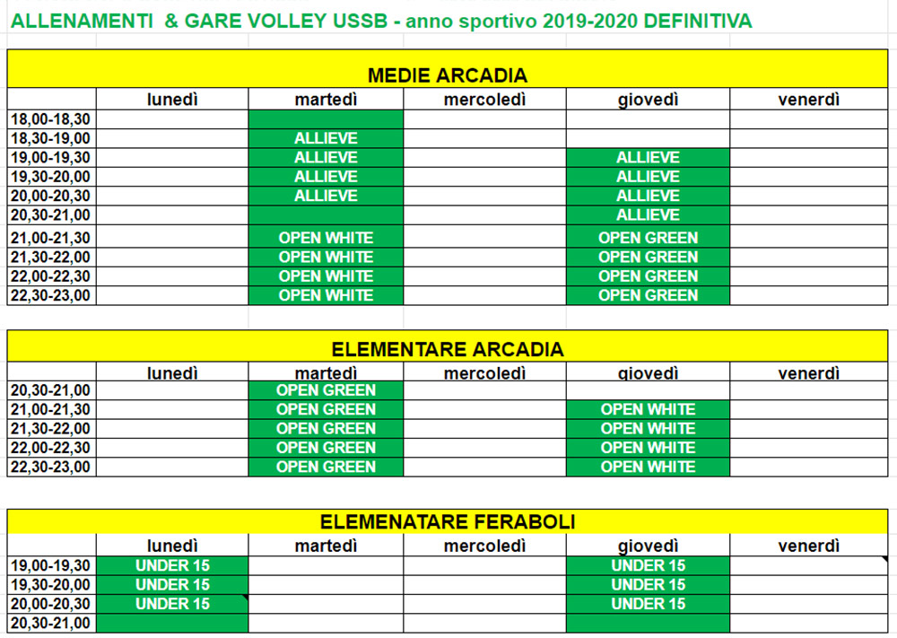 Tabella con gli orari d'allenamento del Volley