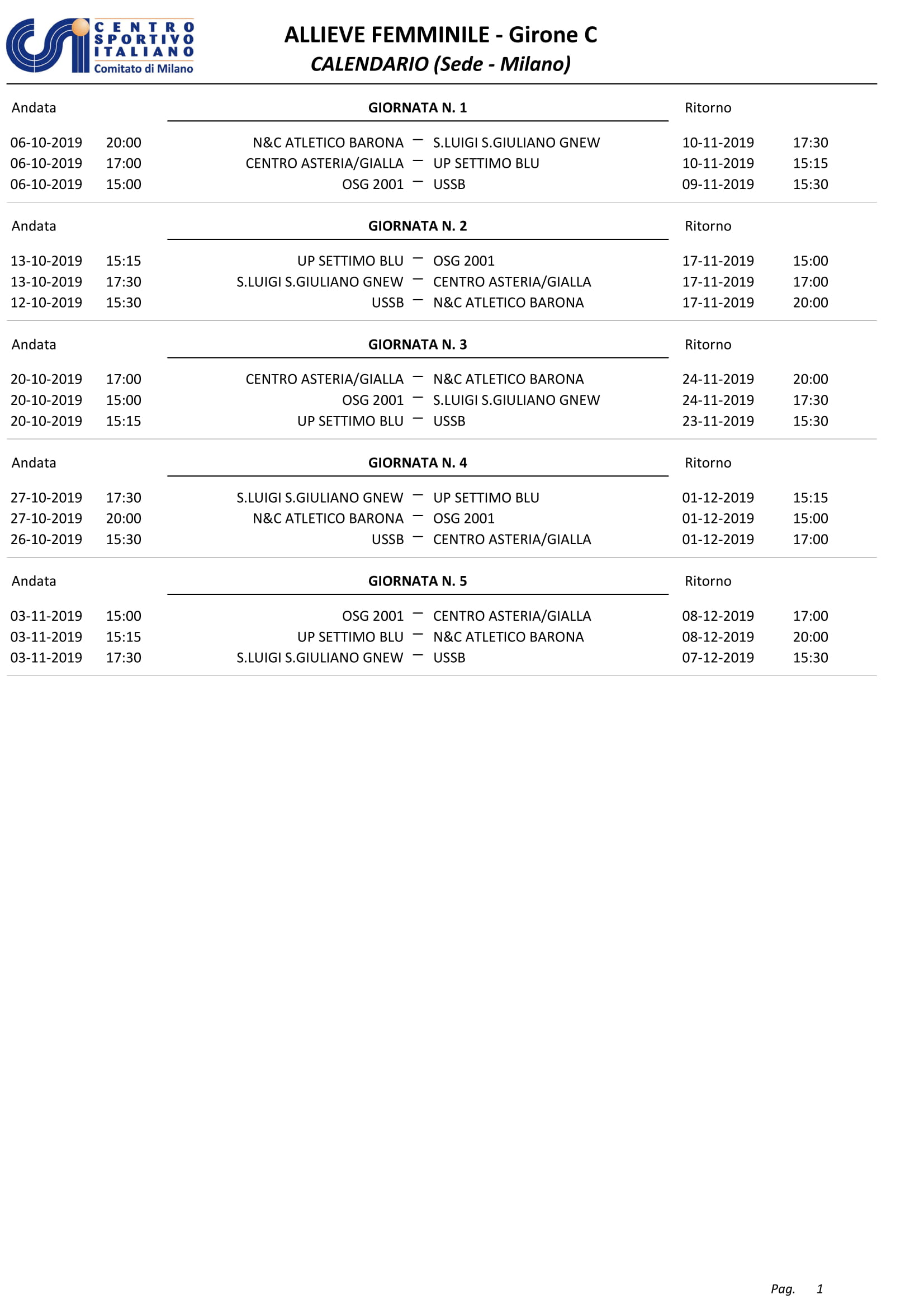 Calendario partite Allieve